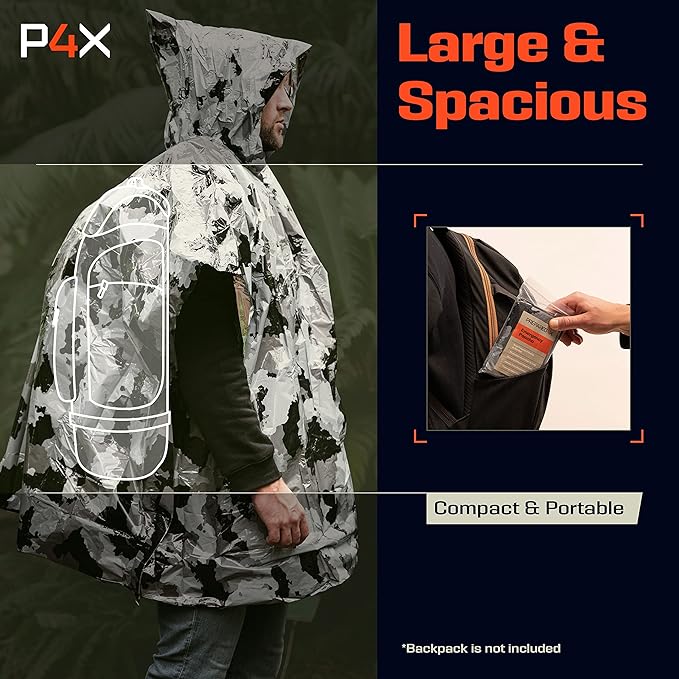 PREPARED4X Emergency Poncho and Mylar Blanket Liner - Waterproof, Wind-Resistant Outdoor Rain
