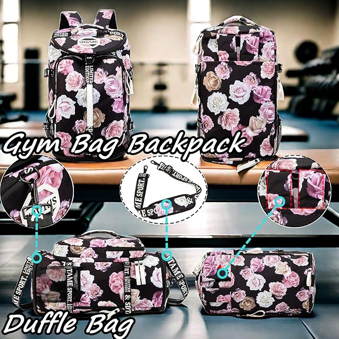 Gym Duffle Bag Backpack with Shoe Compartment,4 ways Travel Backpack for Women and