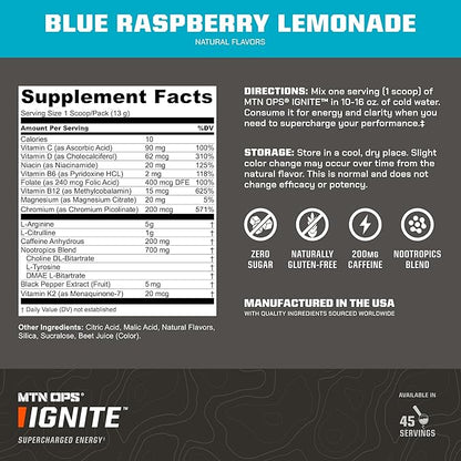 MTN OPS Ignite Energy Drink Powder, Gluten Free Nootropic Supplement Drink Mix, L Arginine, L