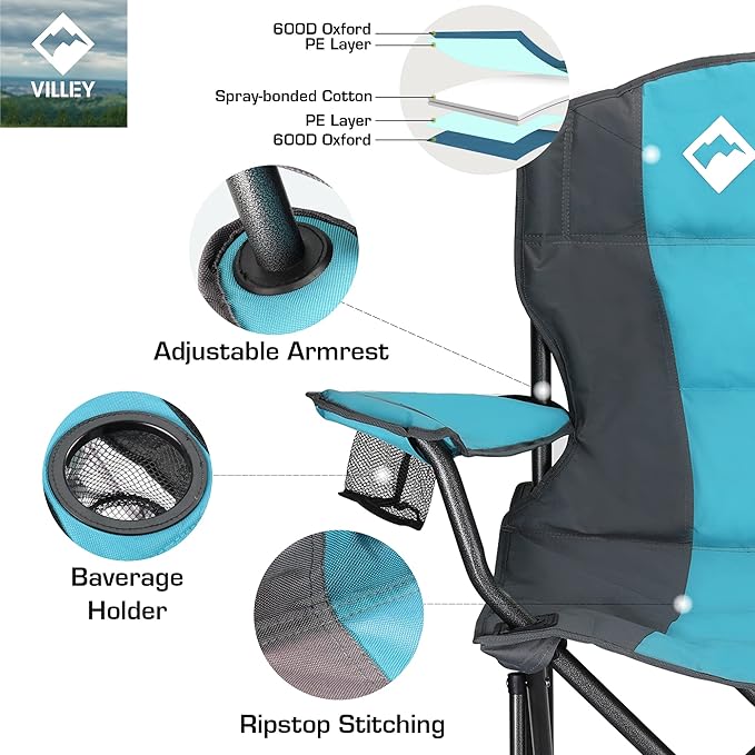 VILLEY Camping Chair, Oversized Folding Camp Chair, Portable Outdoor Chairs Support 400 LBS with