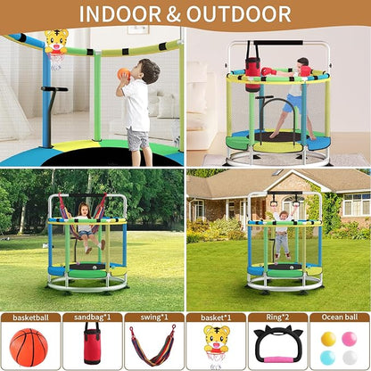 Trampoline for Kids, Adjustable Baby Toddler Trampoline with Basketball Hoop, Round Bottom Indoor