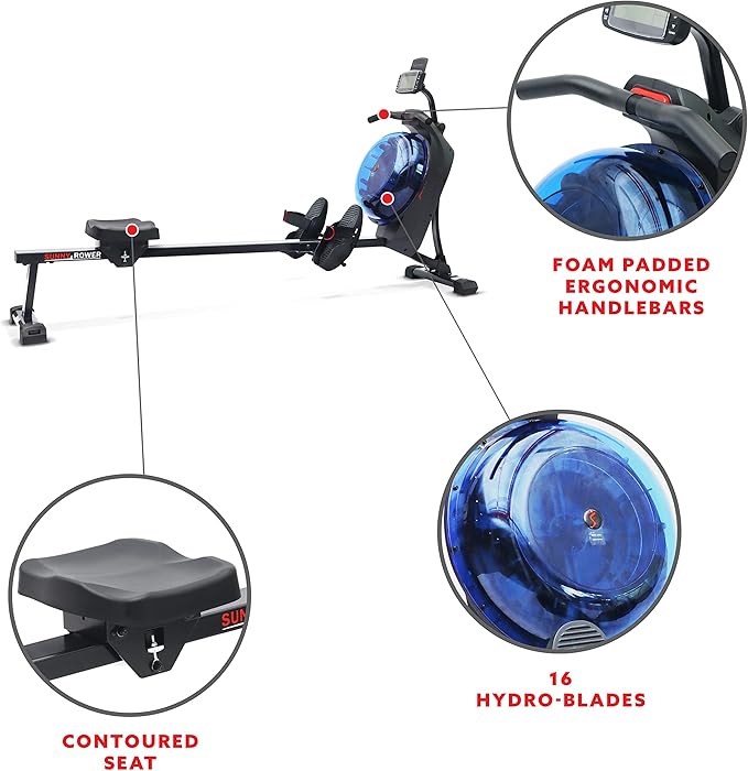 Sunny Health & Fitness Elite Water Rowing Machine with High Dynamic Resistance Vertical Tank