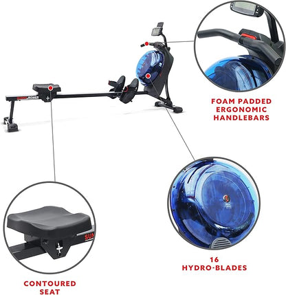 Sunny Health & Fitness Elite Water Rowing Machine with High Dynamic Resistance Vertical Tank