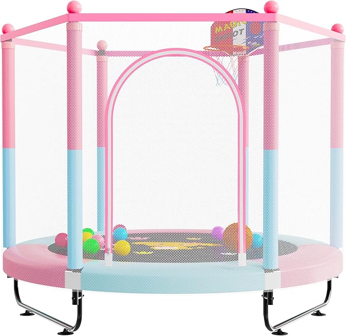 60" Trampoline for Kids, 5 FT Indoor & Outdoor Toddler Baby Trampoline with Basketball Hoop, Safety