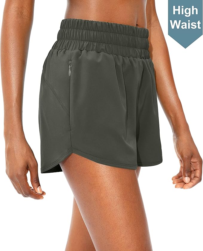 SANTINY Women's Running Shorts with Zip Pockets High Waisted Athletic Workout Gym Shorts for Women