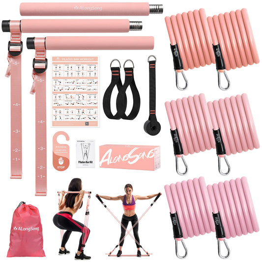 ALongSong Upgraded Pilates Bar Kit with Resistance Bands Natural Latex, Heavy-Duty Stainless Steel