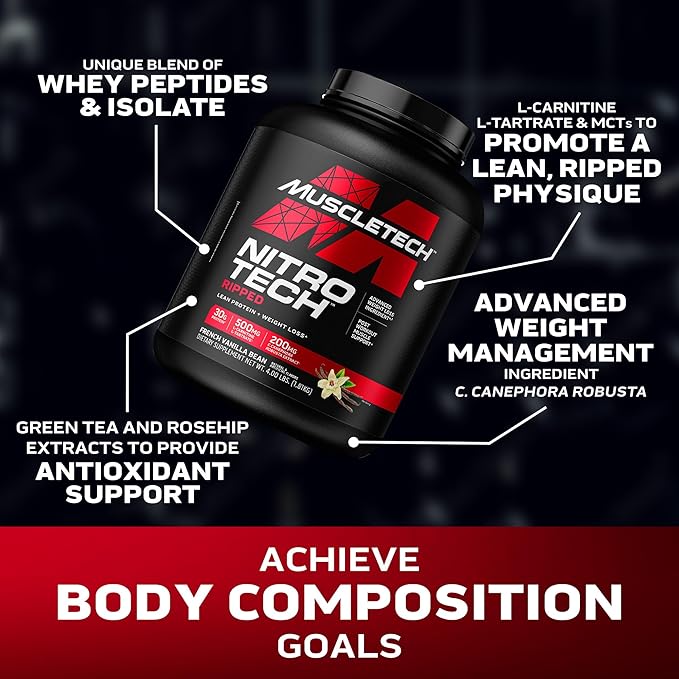 Muscletech Whey Protein Powder (French Vanilla Bean, 4LB) - Nitro-Tech Ripped Whey Protein Isolate
