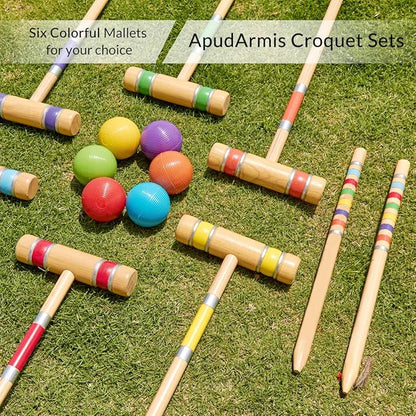 ApudArmis Six Player Croquet Set with Premiun Rubber Wooden Mallets 28In,Colored