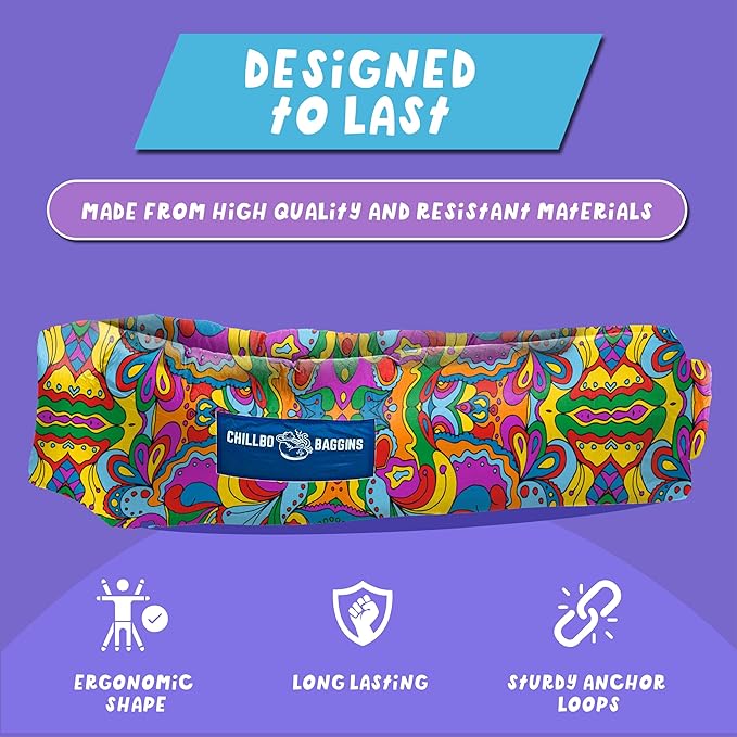 Chillbo Shwaggins Inflatable Couch – No-Pump Setup, Ripstop Polyester, Stability Pegs, Fun Prints