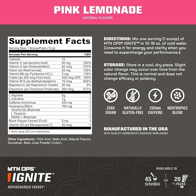 MTN OPS Ignite Energy Drink Powder, Gluten Free Nootropic Supplement Drink Mix, L Arginine, L