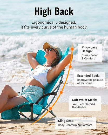 KingCamp Low Beach Chairs, Portable Folding Chair for Adults Extra Wide Ergonomic High Back Seat