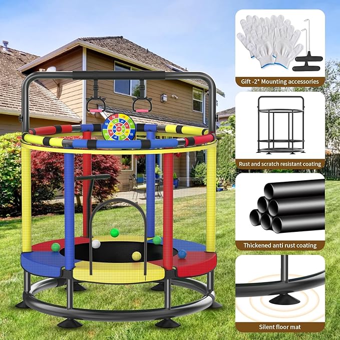 Trampoline for Kids, Full Anti-Rust 440lbs Anti-Rollover Round Bottom Toddler Trampoline