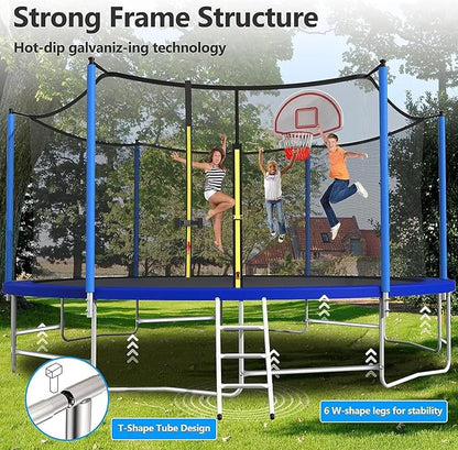 Upgraded 16FT 15FT 14FT 12FT 10FT 8FT Trampoline Outdoor with Basketball Hoop and Net, Capacity for