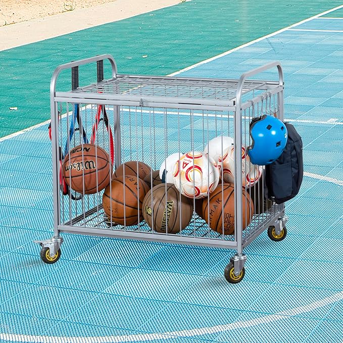 MyGift Large Capacity Metal Rolling Multi Sports Ball Cage Storage Hopper, Gym Equipment Basket