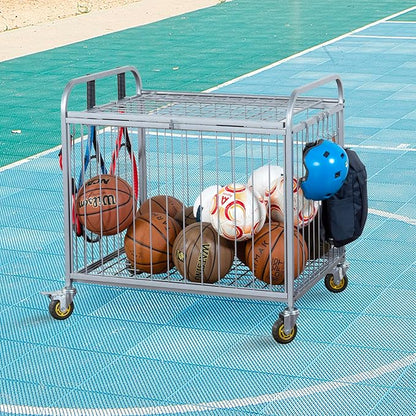MyGift Large Capacity Metal Rolling Multi Sports Ball Cage Storage Hopper, Gym Equipment Basket