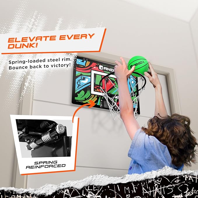 AND1 Over the Door Mini Basketball Hoop: 18x12 Shatterproof Backboard, 2 Mini Basketballs, and Hand