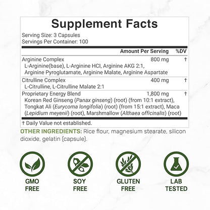 Nitric Oxide Booster 3,000mg Per Serving, 300 Capsules ??12 in 1 Nitric Oxide Supplement ??Arginine