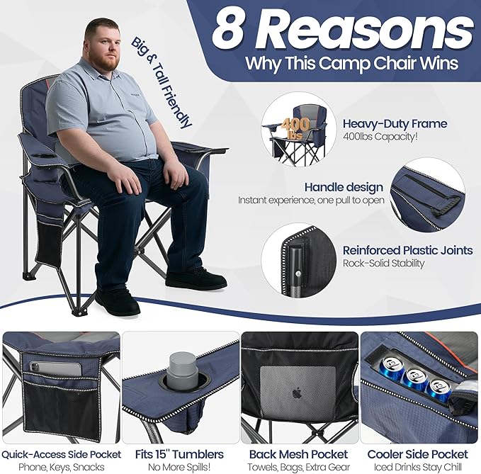 2 Pack Heavy Duty Oversized Camping Chair for Adults 400lbs w/Lumbar Support - Folding Chairs with