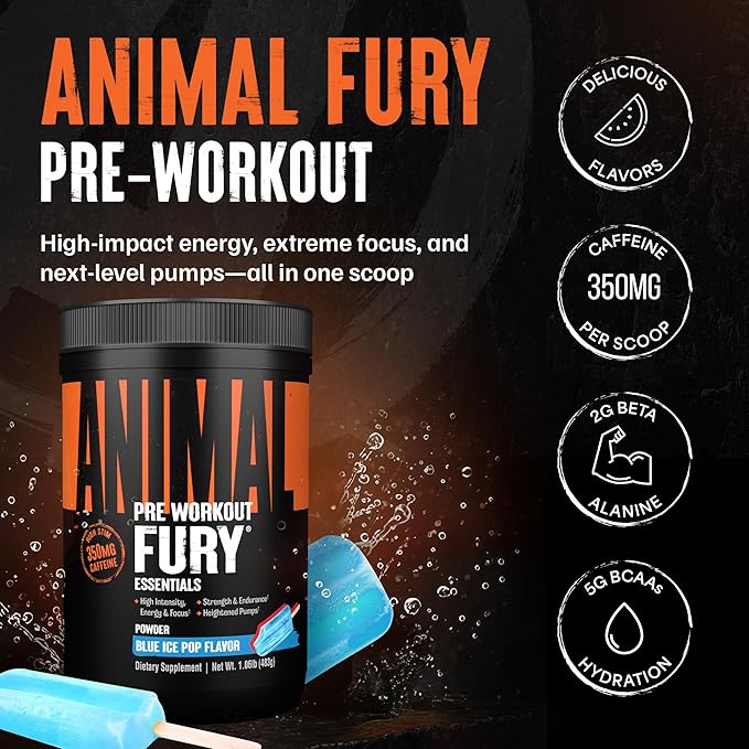 Animal Fury Pre Workout Powder ??Blue Ice Pop, 350mg Caffeine, BCAA Amino Acids, 2g Beta Alanine