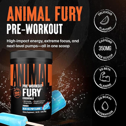 Animal Fury Pre Workout Powder ??Blue Ice Pop, 350mg Caffeine, BCAA Amino Acids, 2g Beta Alanine