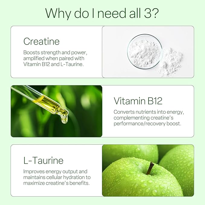 Creatine Gummies 5g – Sugar-Free Creatine Monohydrate + Taurine & B12 | Vegan, Gluten-Free | Green