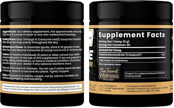 Sandhu's Creapure German Creatine Monohydrate Powder Supplements for Men & Women, Unflavored, 60