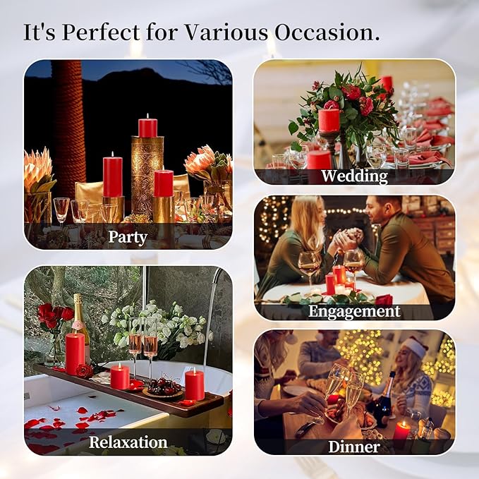 KONNI Red Pillar Candles Set of 3, 3"x 3" Unscented Pillar Candles Bulk, 30 Hours Long Burning