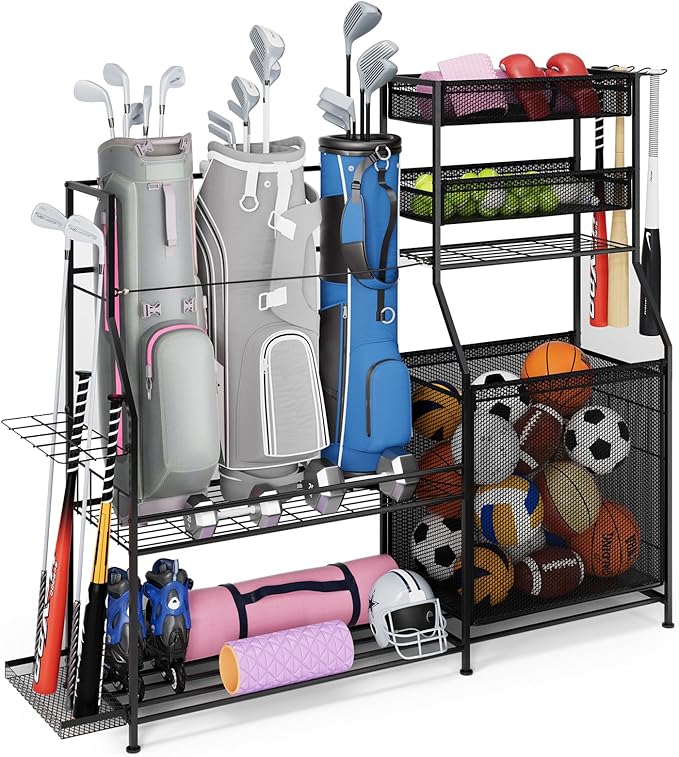 Garage Sports Equipment Organizer,3 Golf Bags Storage Stand,Heavy-Duty Ball Storage Rack with
