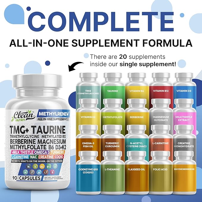 Clean Nutra TMG Supplements 1000mg | Methylated Multivitamin for Women Men | Taurine B6 Vitamins