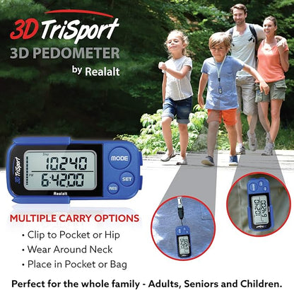 3DTriSport Walking 3D Pedometer with Clip & Strap, eBook Included | 30 Days Memory, Accurate Step
