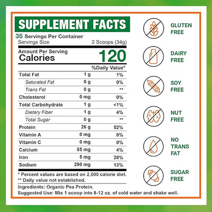 Zammex Organic Pea Protein Powder, 26g Proteins Per Serving,Plant Based 100% Vegan Canada Pea