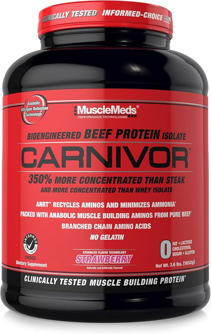 MuscleMeds Carnivor Beef Protein Isolate, 0 Lactose, 0 Sugar, 0 Fat, Halal Certified, Strawberry
