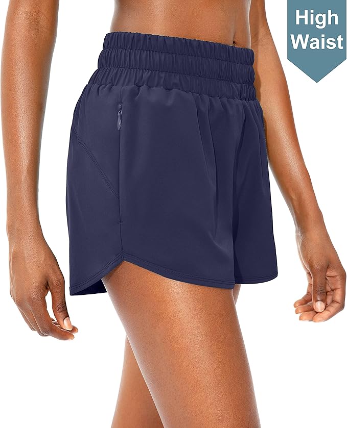 SANTINY Women's Running Shorts with Zip Pockets High Waisted Athletic Workout Gym Shorts for Women