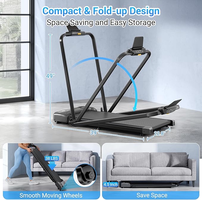 THERUN Walking Pad, 2 in 1 Foldable Treadmills for Home, 2.5HP Under Desk with Handle Bar, 16"