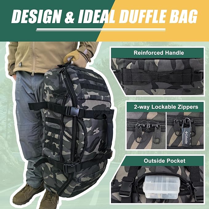 65L Large Travel Duffle Bag Military Tactical Backpack, Army Assault Pack Bug Out Bag Rucksack for