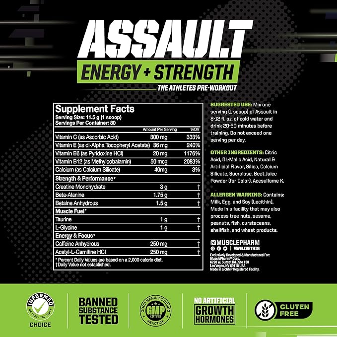 MusclePharm Assault Energy & Strength Pre Workout Powder for Men & Women with Beta Alanine