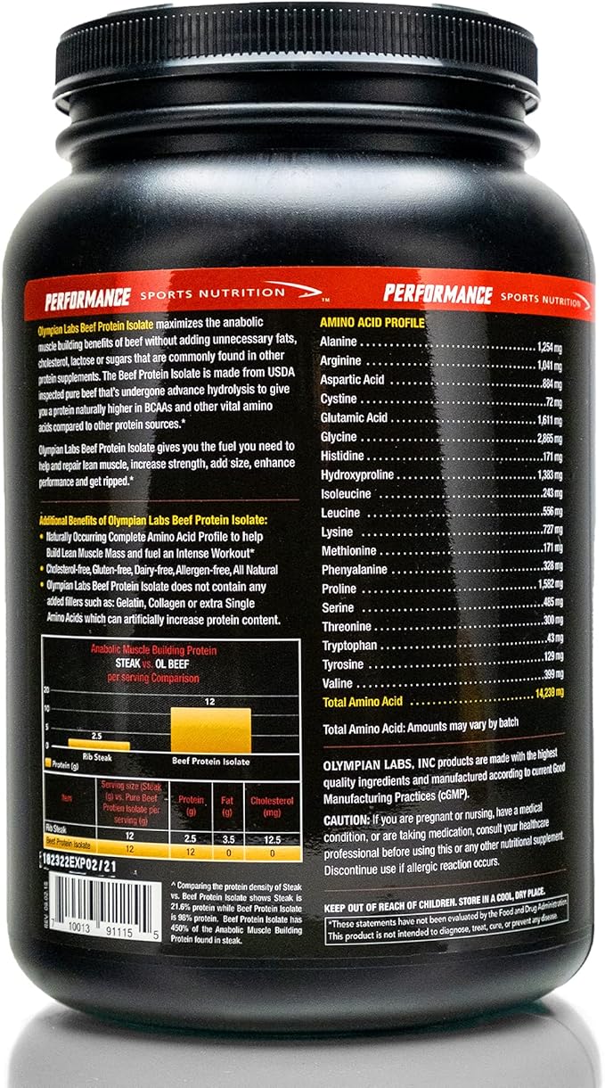 Olympian Labs Beef Protein Isolate Powder, 24g Protein, BST Free, 2 Grams BCAA's, Muscle Building