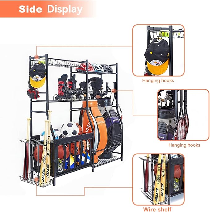 WALMANN Garage Sports Equipment Organizer, Golf Bag Stand for Garage Ball Storage Rack