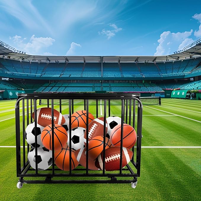 Sports Equipment Organizer Foldable Mental Sports Ball Storage Cart with Lid and Wheels Rolling