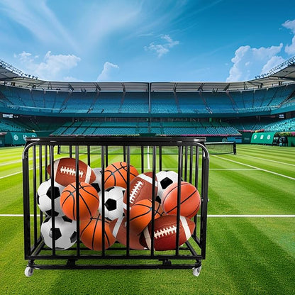 Sports Equipment Organizer Foldable Mental Sports Ball Storage Cart with Lid and Wheels Rolling