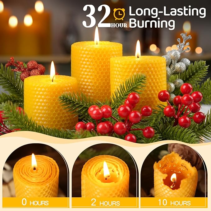 3 Pack Natural Beeswax Pillar Candles,2.8x4in Handmade Beeswax Rolled Candles,96 Hours Long Burning