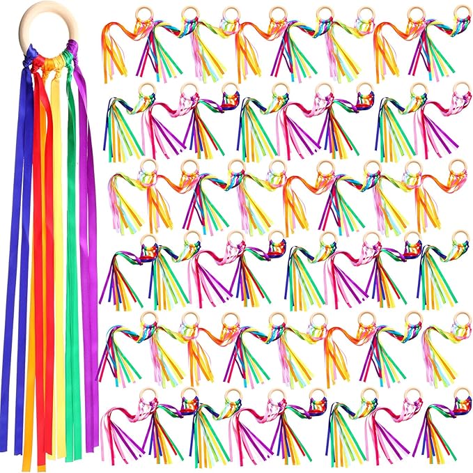 Junkin Ribbon Rings Hand Kite Waldorf Toys Dancing Wrist Ribbons Rainbow Streamers with Wood Ring