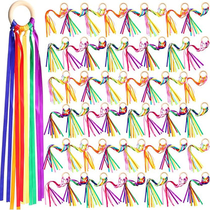 Junkin Ribbon Rings Hand Kite Waldorf Toys Dancing Wrist Ribbons Rainbow Streamers with Wood Ring