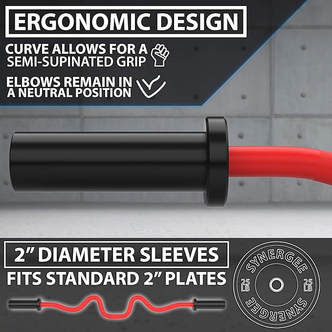 Synergee Commercial Super EZ Curl Olympic Bar Chrome, Black Phosphate and Red with Powder Coated