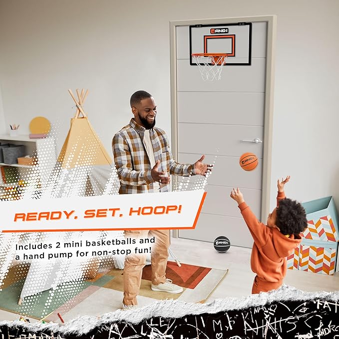 AND1 Over the Door Mini Basketball Hoop: 18x12 Shatterproof Backboard, 2 Mini Basketballs, and Hand