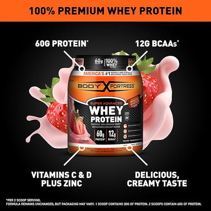 Body Fortress Super Advanced Whey Protein Powder, Strawberry, Immune Support (1), Vitamins C & D