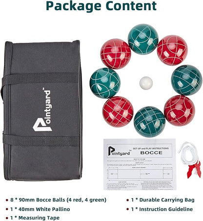 Pointyard Bocce Ball Set, 90mm Resin Bocce Ball Set with 8 Resin Bocce Balls/1 Pallino/Nylon