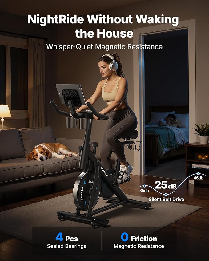 MERACH Exercise Bike, Brake Pad Stationary Bike with Exclusive App, Low Noise Indoor Cycling Bike