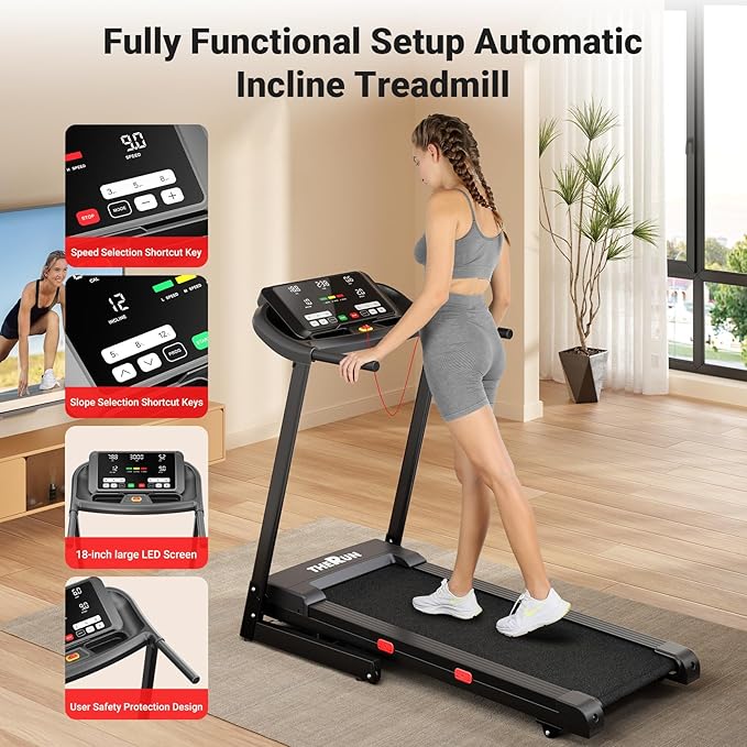 THERUN Incline Treadmill for Running and Walking, 300 lbs Weight Capacity, Wide Belt, 3.0 HP, 18"
