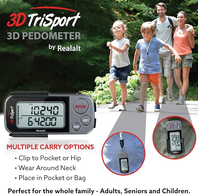 3DTriSport Walking 3D Pedometer with Clip & Strap, eBook Included | 30 Days Memory, Accurate Step